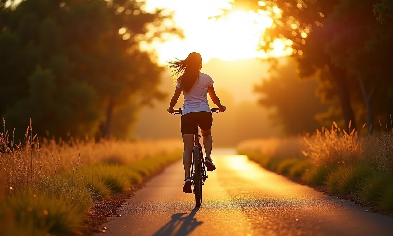 Mulher pedalando livremente em estrada rural, sentindo a brisa.