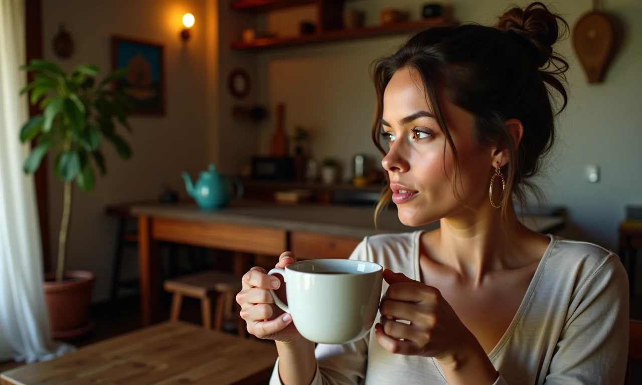Mulher pensativa em casa, sentindo os efeitos da enfermidade.