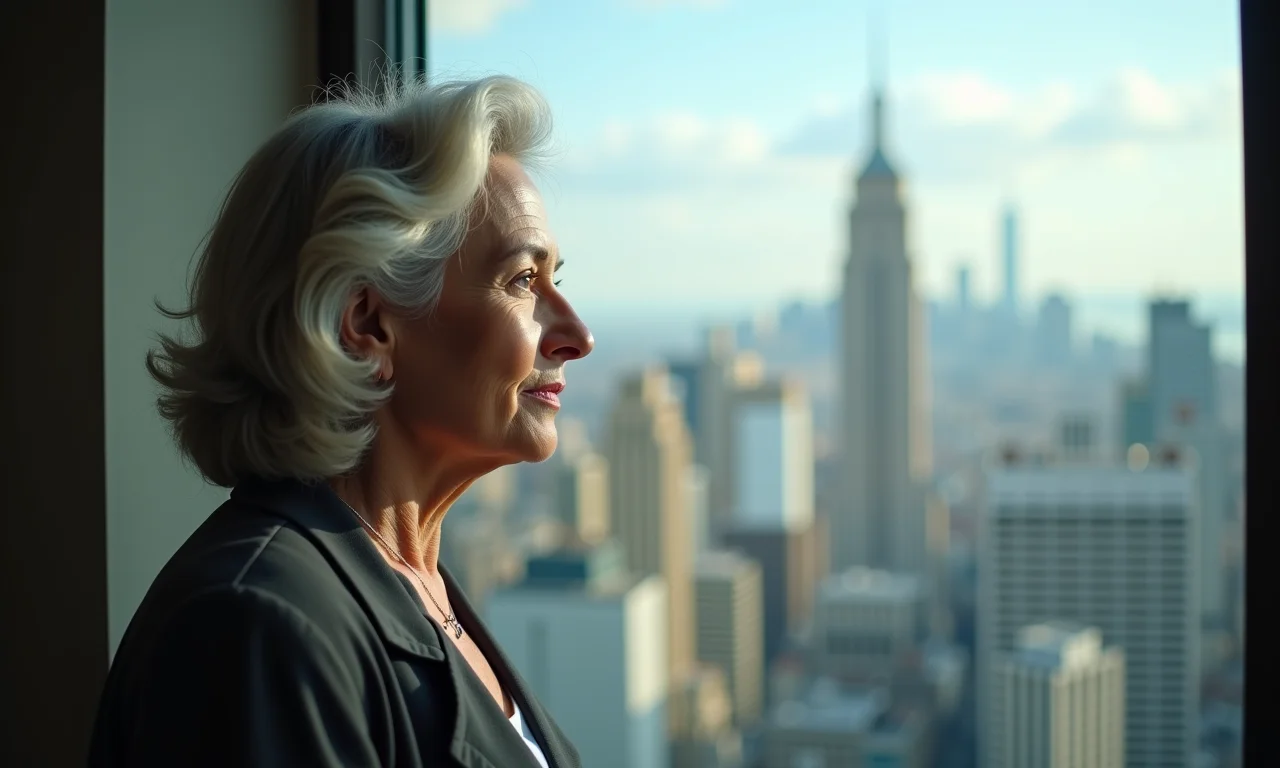 Mulher pensativa olhando pela janela, skyline da cidade ao fundo, dilema entre privacidade e interesse público.