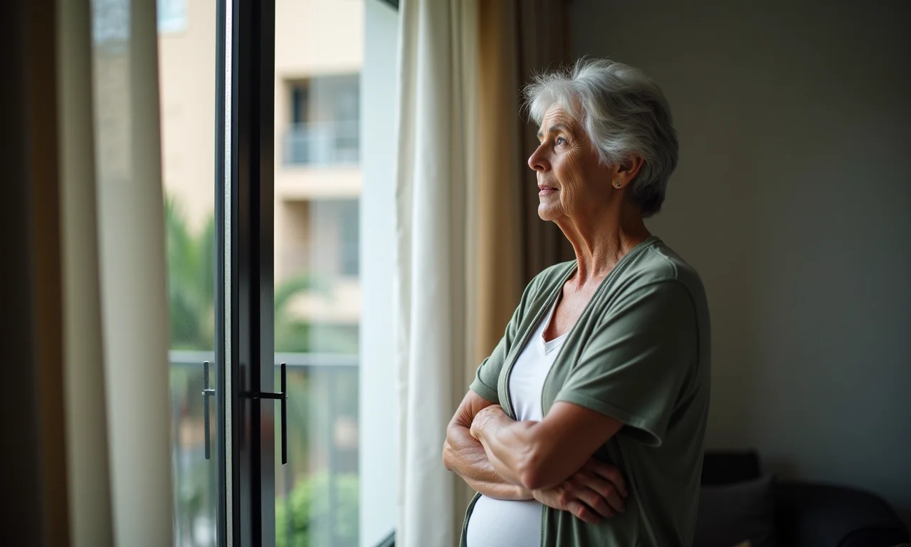 Mulher pensativa perto da janela, representando conflitos familiares e impedimento dos pais.
