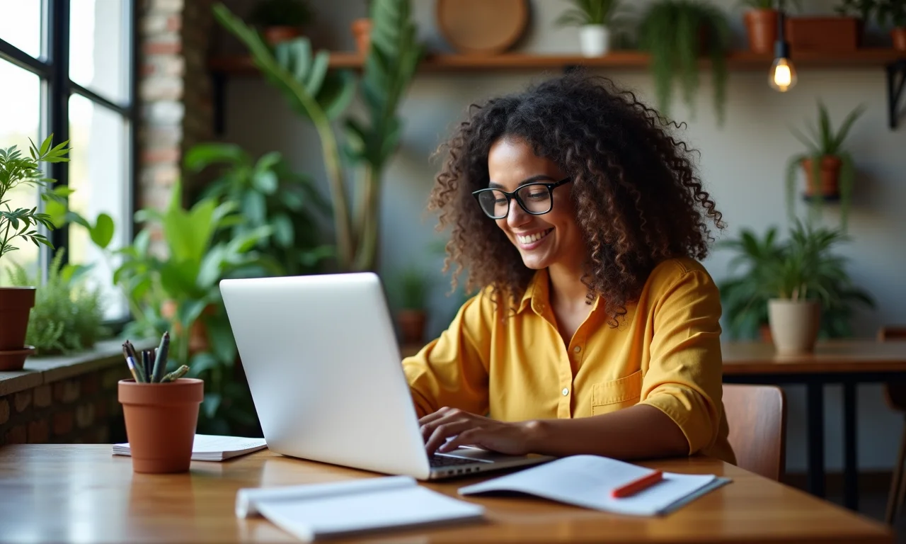Mulher pesquisando cursos de extensão online em ambiente de trabalho moderno.