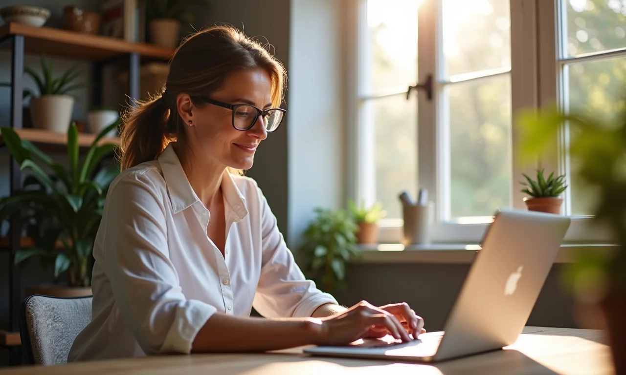 Mulher pesquisando oportunidades de investimento em educação em espaço de co-working iluminado, representando o potencial de crescimento do setor.