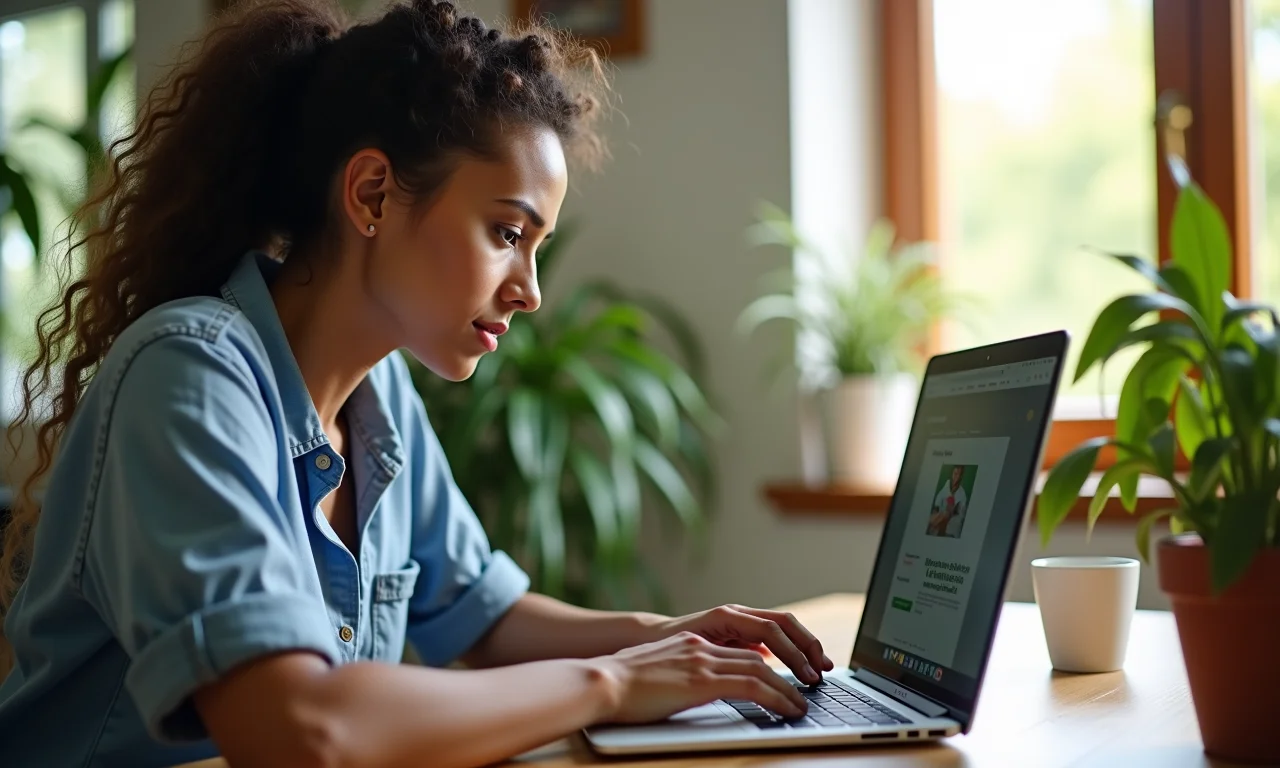 Mulher pesquisando plano de saúde para o bebê no laptop.