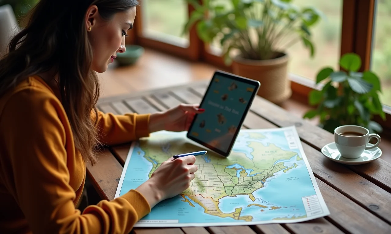 Mulher planejando roteiro de viagem com tablet e mapa em mesa de madeira.