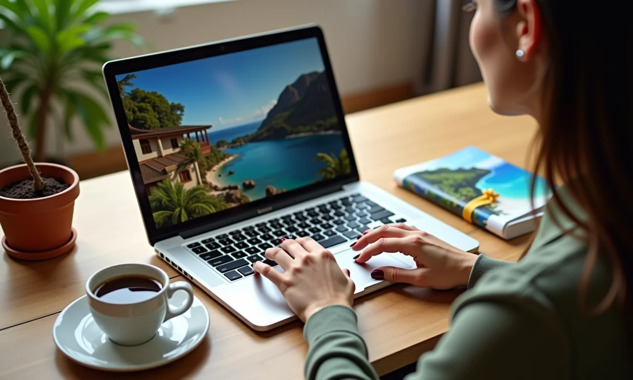 Mulher planejando viagem e pesquisando pousadas no Nordeste.