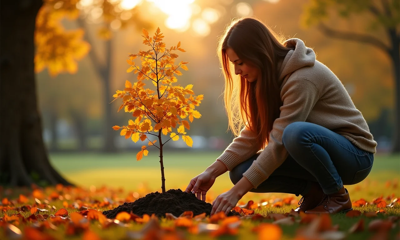 Mulher plantando muda de ipê amarelo durante o outono.