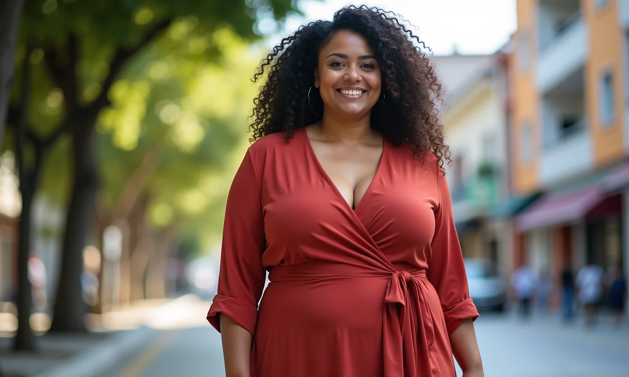 Mulher plus size em um vestido envelope com decote em V, alongando a silhueta.