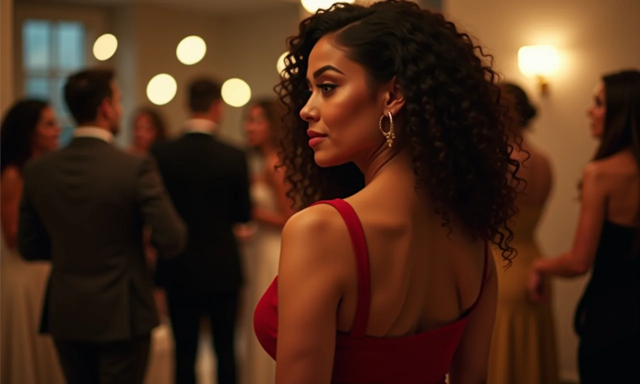 Mulher plus size em vestido crepe corte império em festa moderna, com iluminação natural.