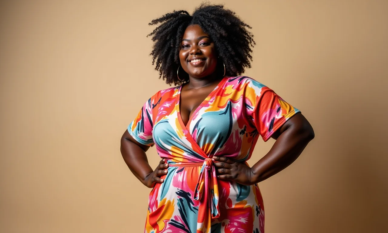 Mulher plus size posando em um vestido envelope estampado.