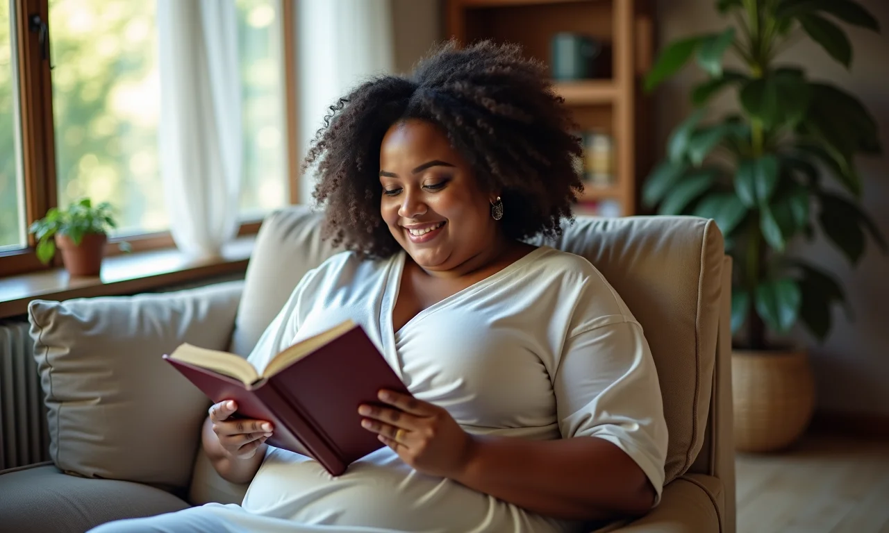 Mulher plus size relaxando em casa, vestindo um confortável vestido envelope.