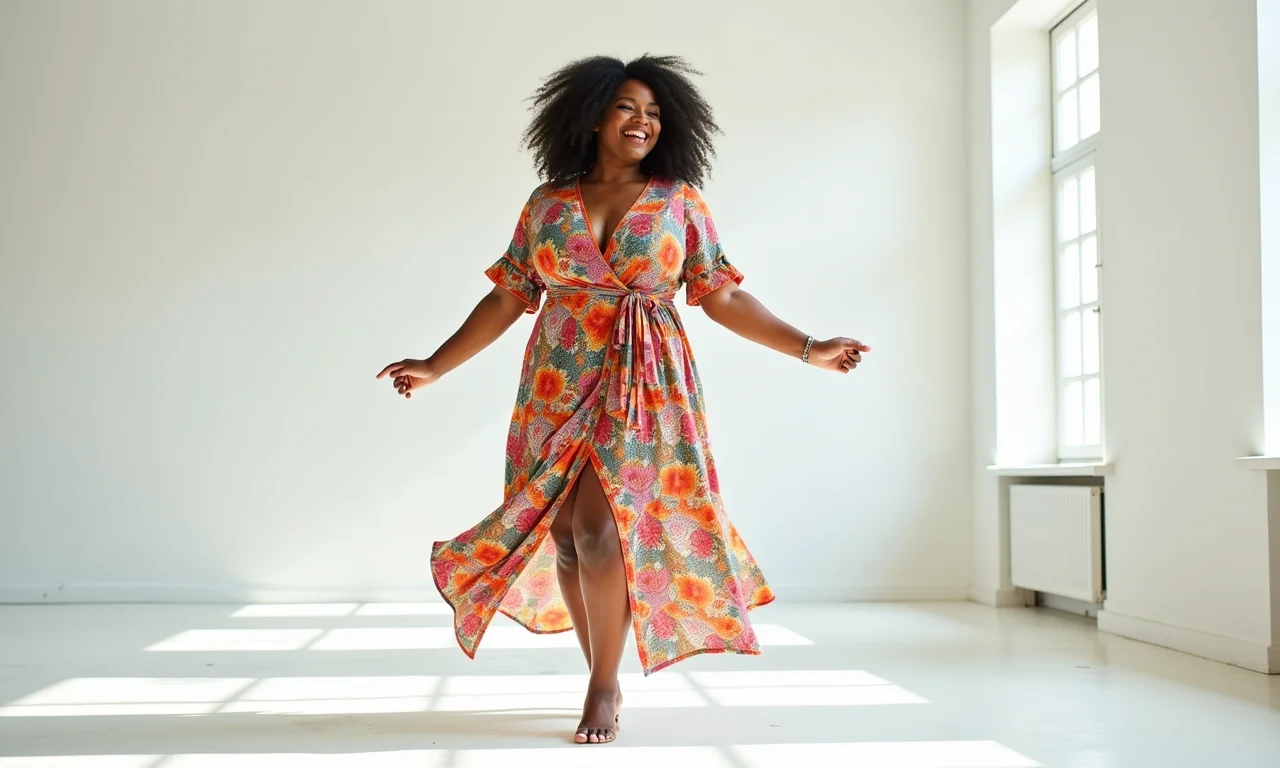Mulher plus size se movendo livremente em um vestido envelope confortável.