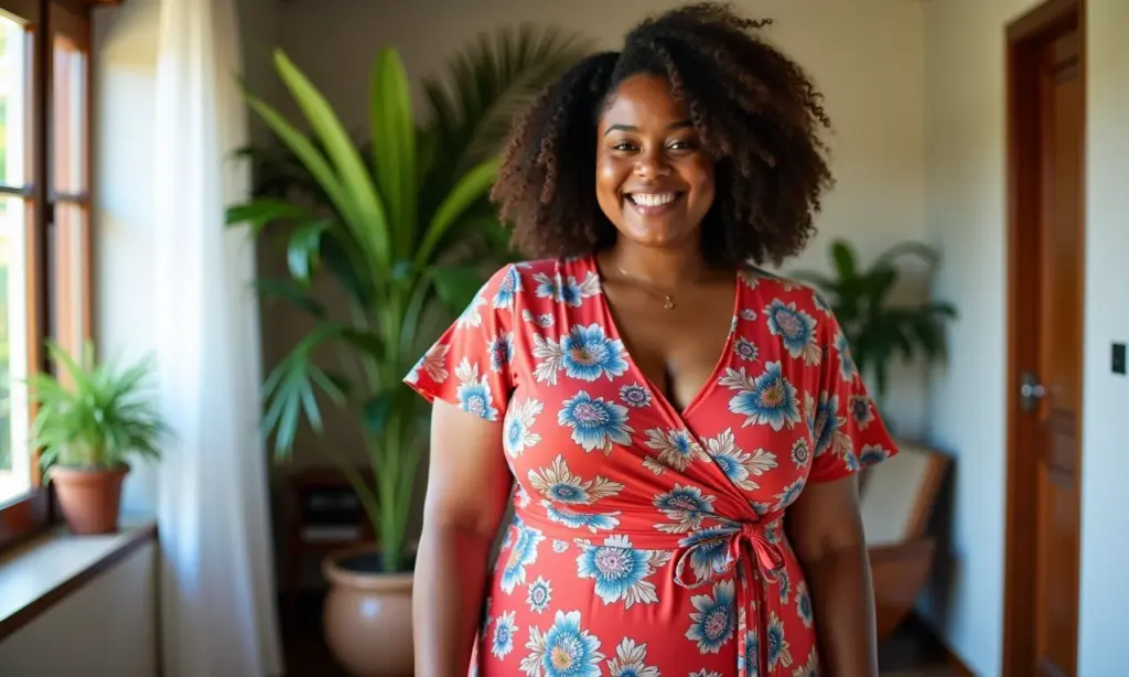 Vestido envelope plus size: o modelo que valoriza Mulher plus size sorrindo vestindo um elegante vestido envelope floral.