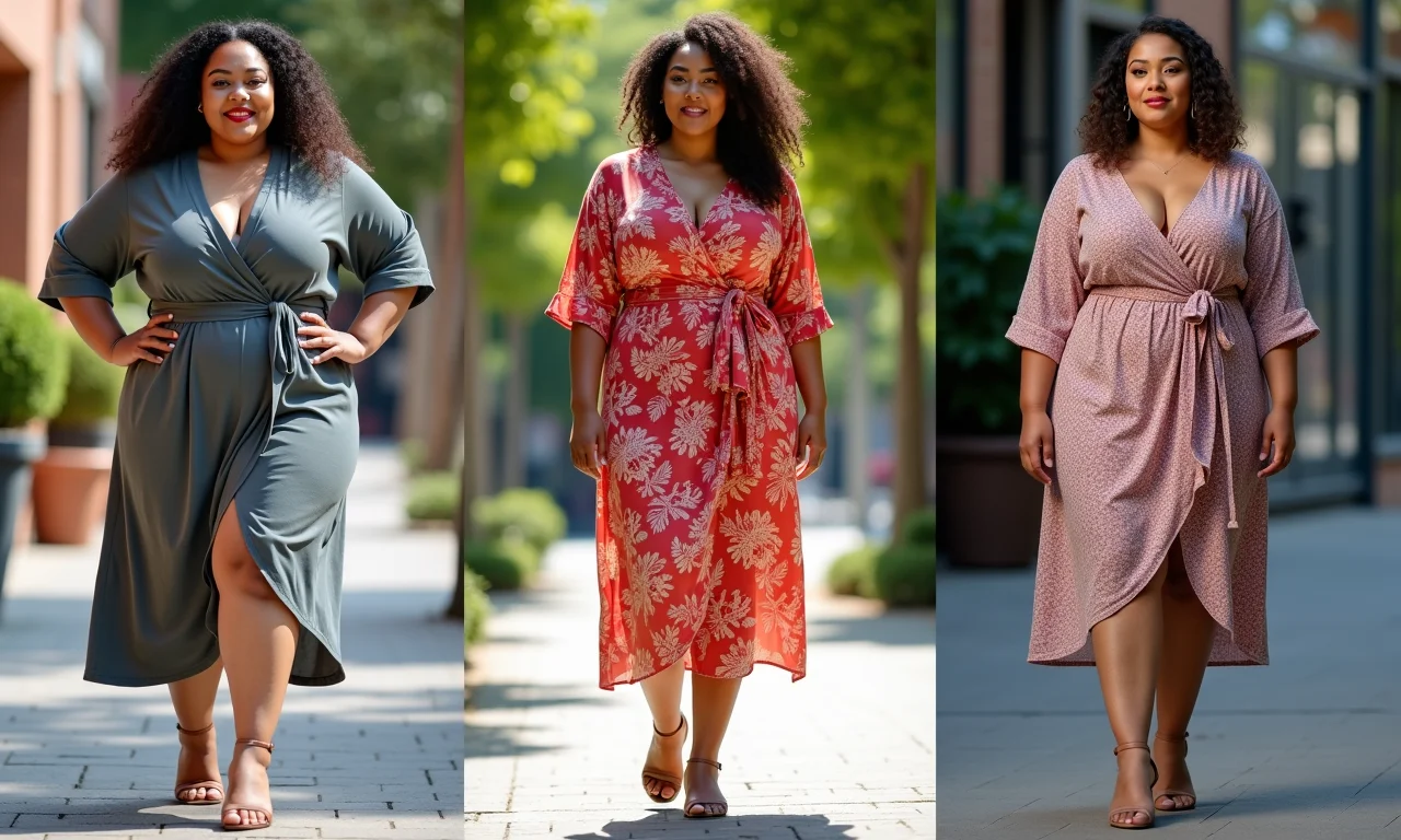 Mulher plus size usando o mesmo vestido envelope em três cenários diferentes: brunch, parque e escritório.