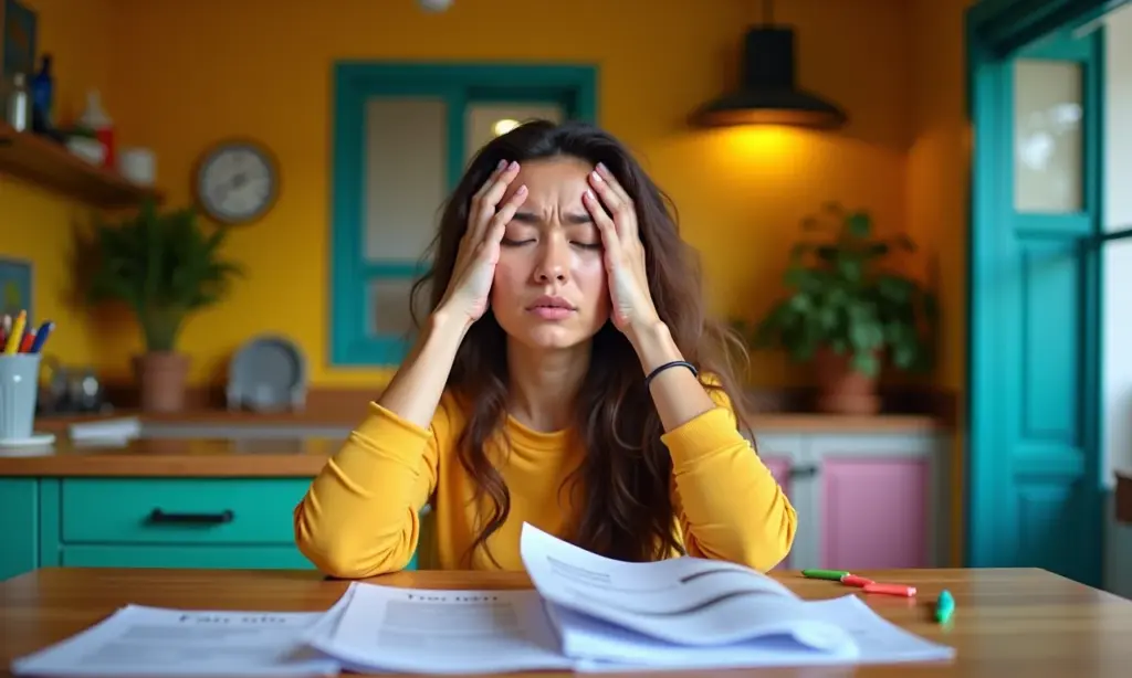 Dívida Ativa: O Que Acontece se Não Pagar Impostos? Mulher preocupada com dívidas de impostos na cozinha.