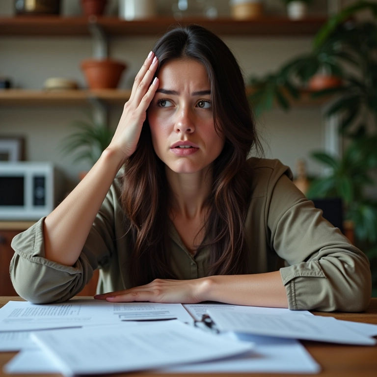 Mulher preocupada com documentos legais, representando raiva afetando decisões.