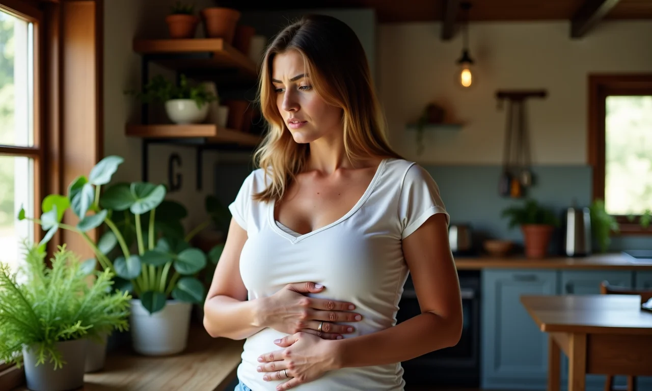 Mulher preocupada com possíveis efeitos colaterais de medicamentos.