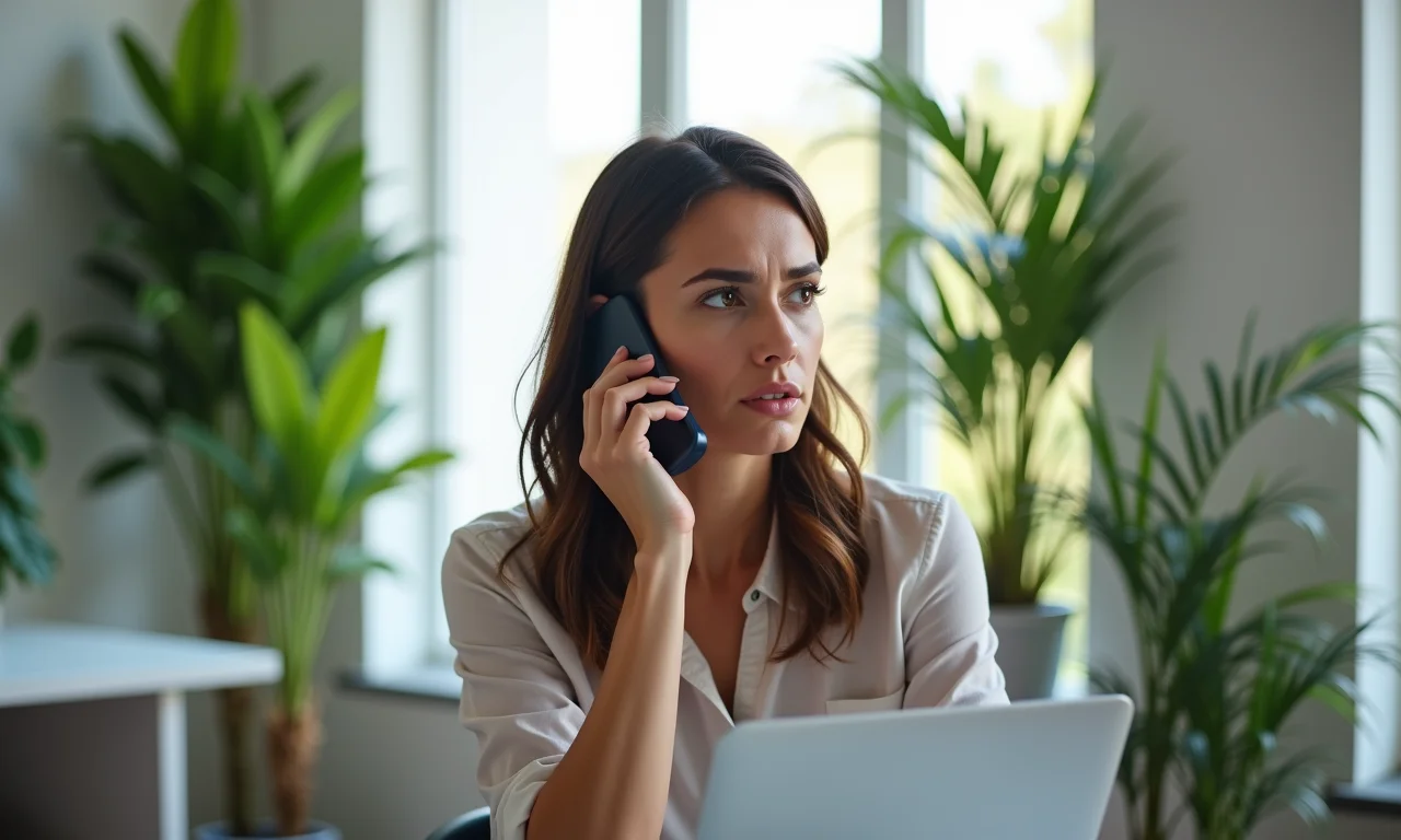 Mulher preocupada falando ao telefone com um advogado.