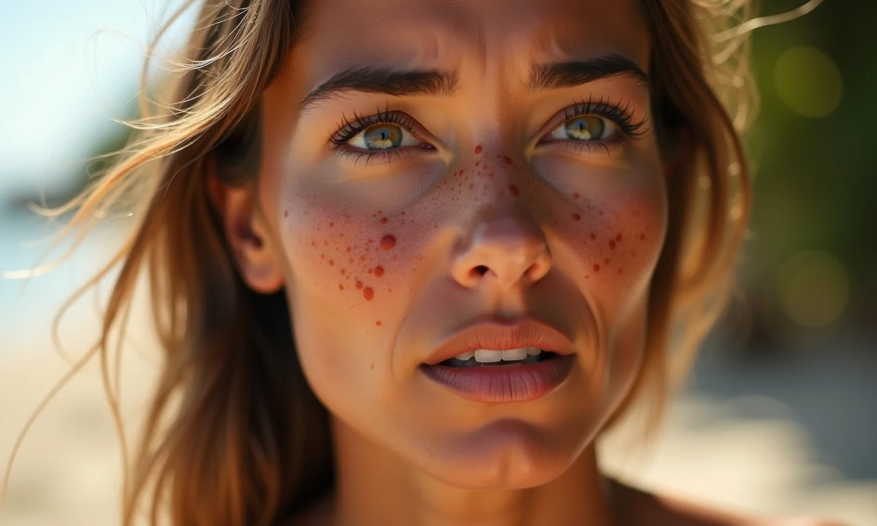 Mulher preocupada mostrando manchas de sol na pele.