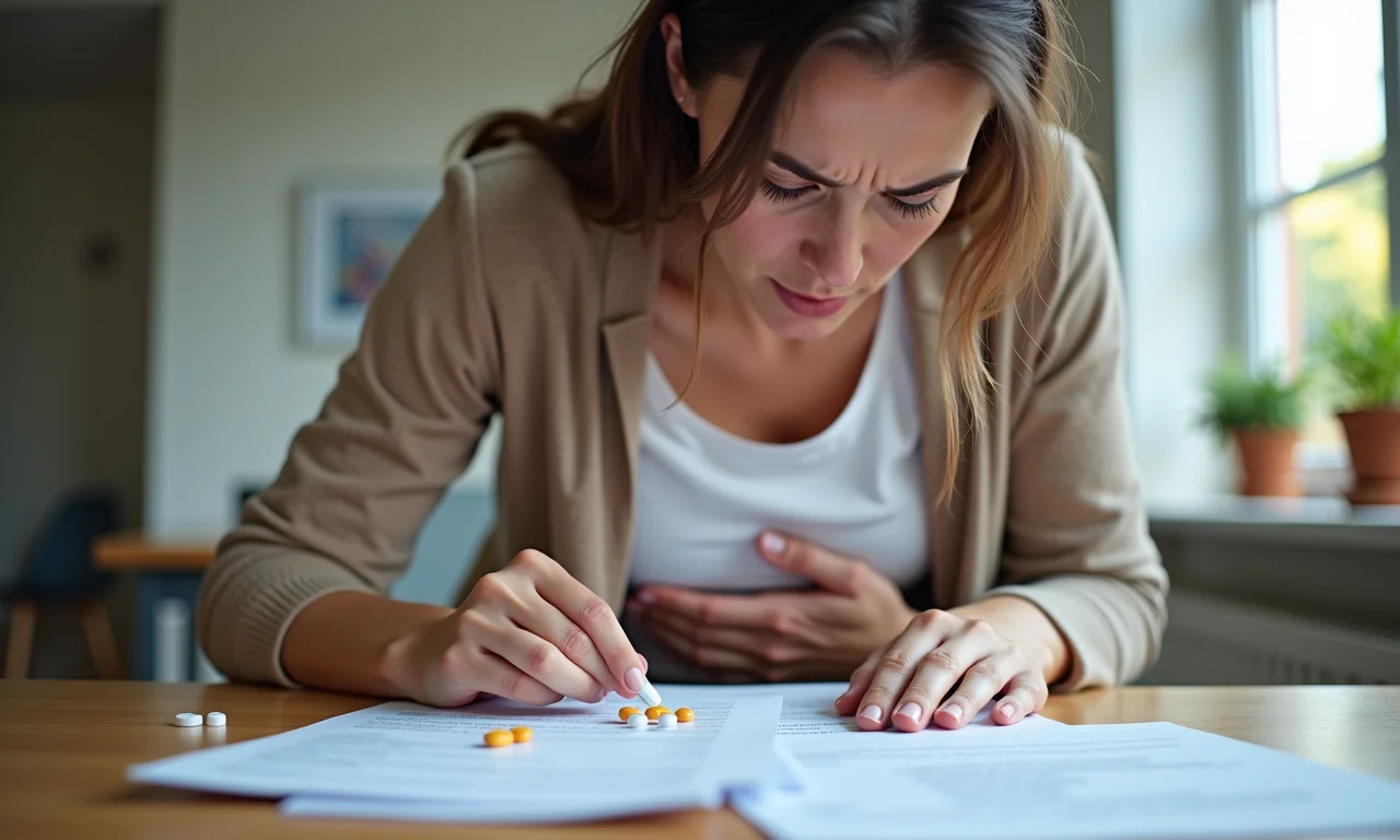 Mulher preocupada olhando para o estômago com informações sobre Pantoprazol.
