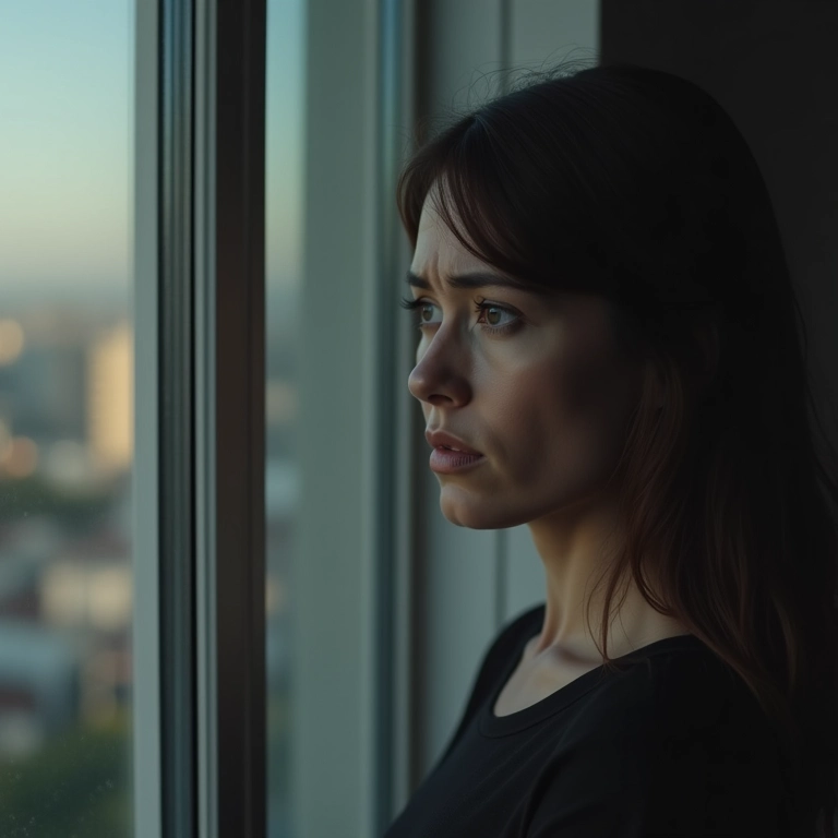 Mulher preocupada olhando pela janela, refletindo sobre as consequências de esconder um menor.