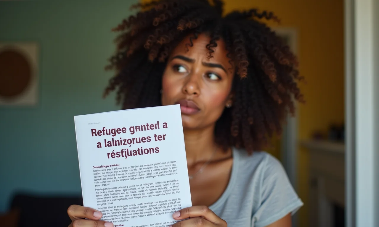 Mulher preocupada segurando livreto sobre os direitos dos refugiados.