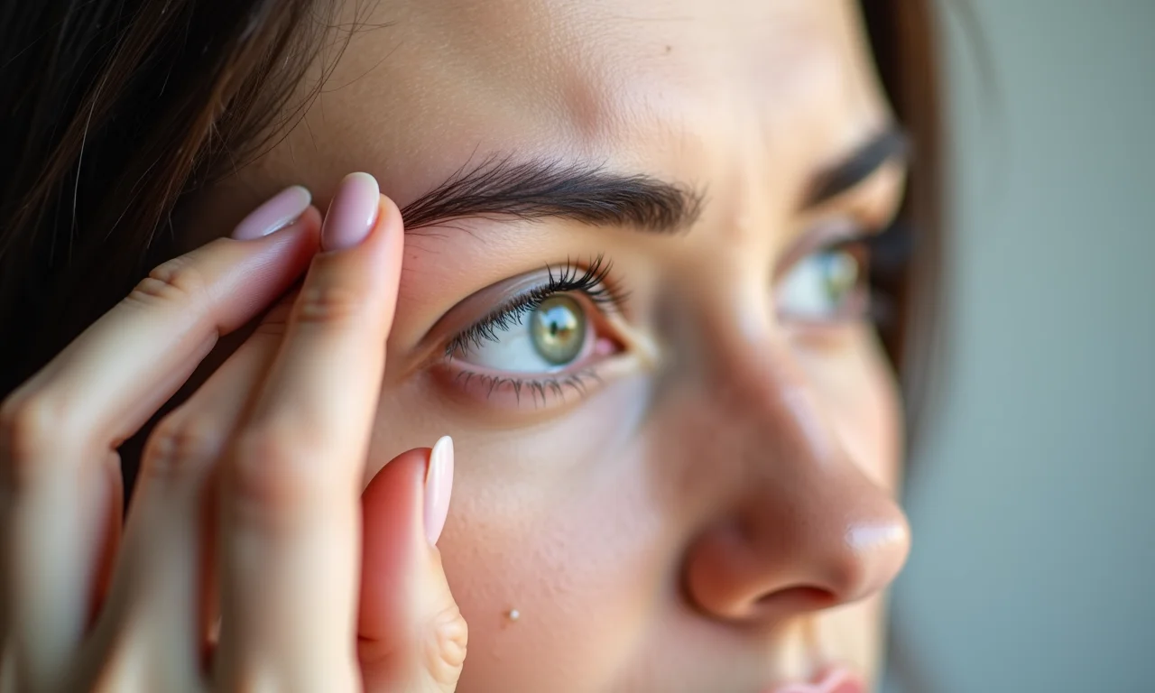 Mulher preocupada tocando as sobrancelhas, close-up nos pelos.