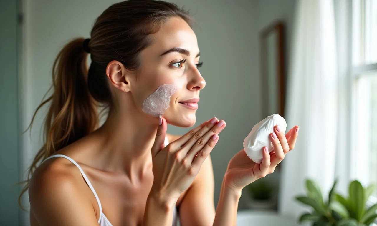 Mulher preparando a pele com limpeza e hidratação antes da maquiagem, em um banheiro com decoração brasileira.