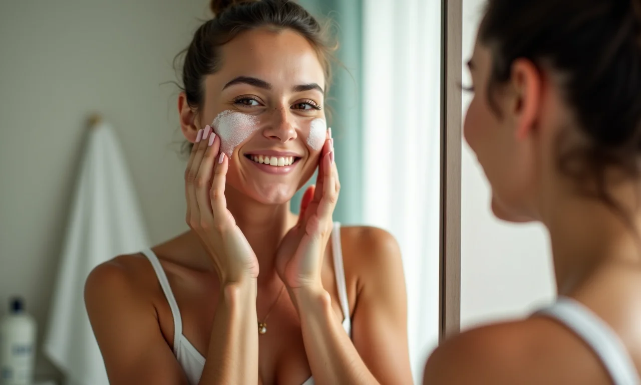 Mulher preparando a pele para aplicação do protetor solar em banheiro iluminado.