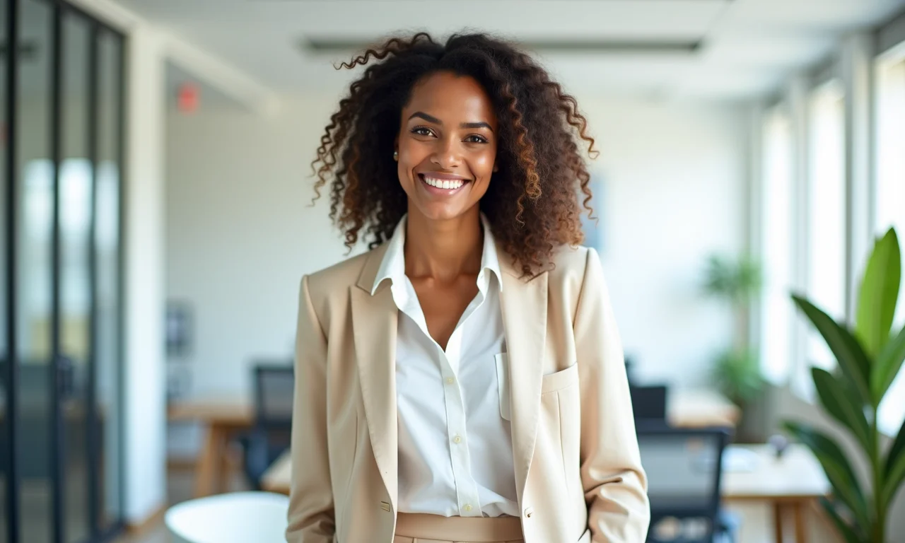 Mulher profissional brasileira usando blazer de linho bege claro sobre blusa branca e calça de alfaiataria.