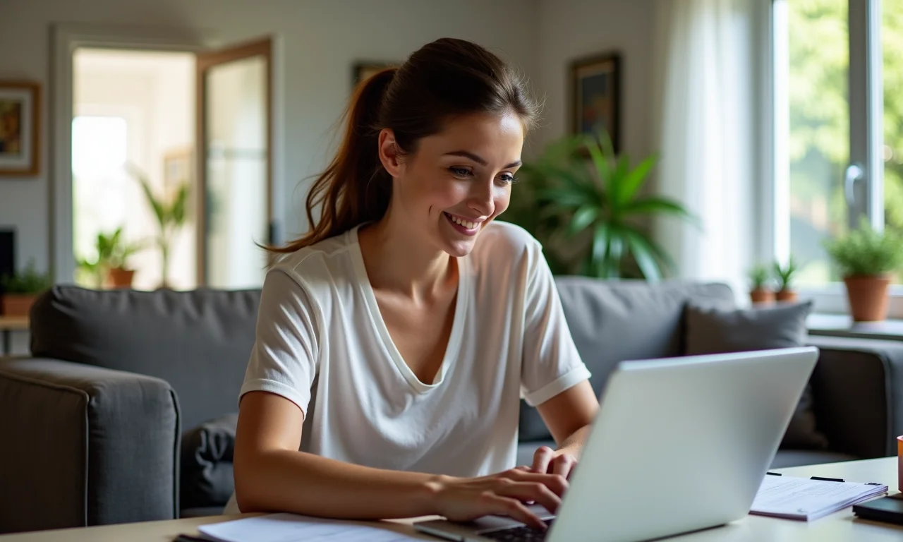 Mulher projetando gastos mensais do bebê em sala com decoração brasileira.