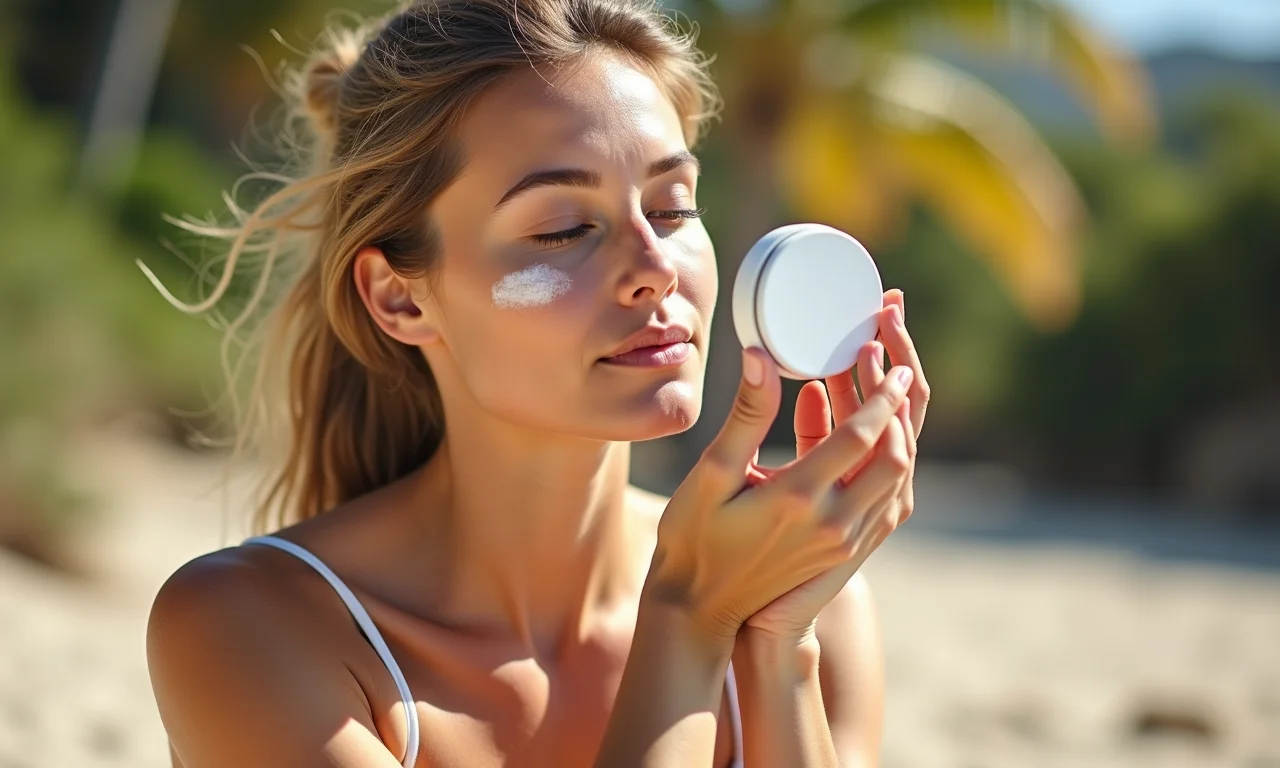 Mulher reaplicando protetor solar em pó com movimentos circulares ao ar livre.