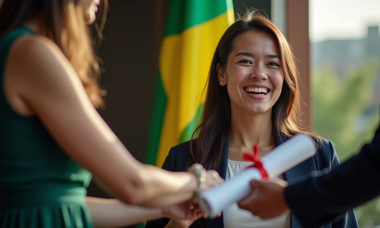 Mulher recebendo diploma de pedagogia EAD reconhecido pelo MEC.