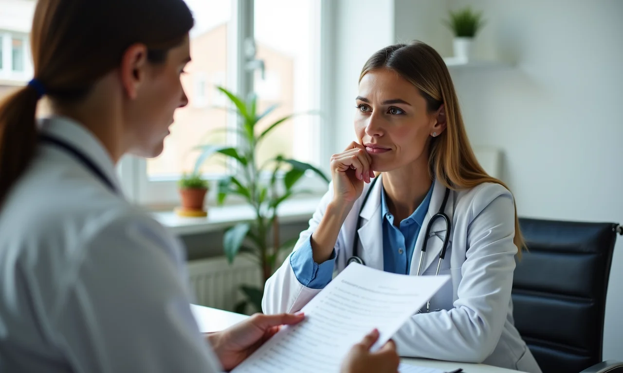 Mulher recebendo informações sobre causas e sintomas de miomas em consultório médico.