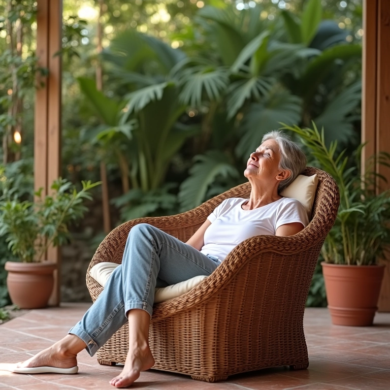 Mulher relaxando em poltrona de fibra sintética.