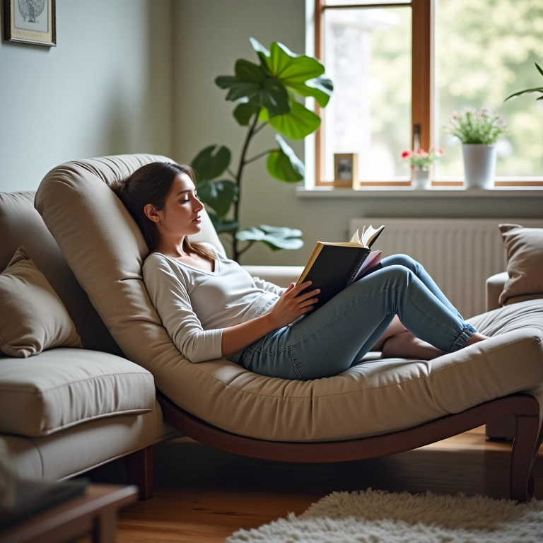 Mulher relaxando em um sofá retrátil totalmente estendido, lendo um livro.
