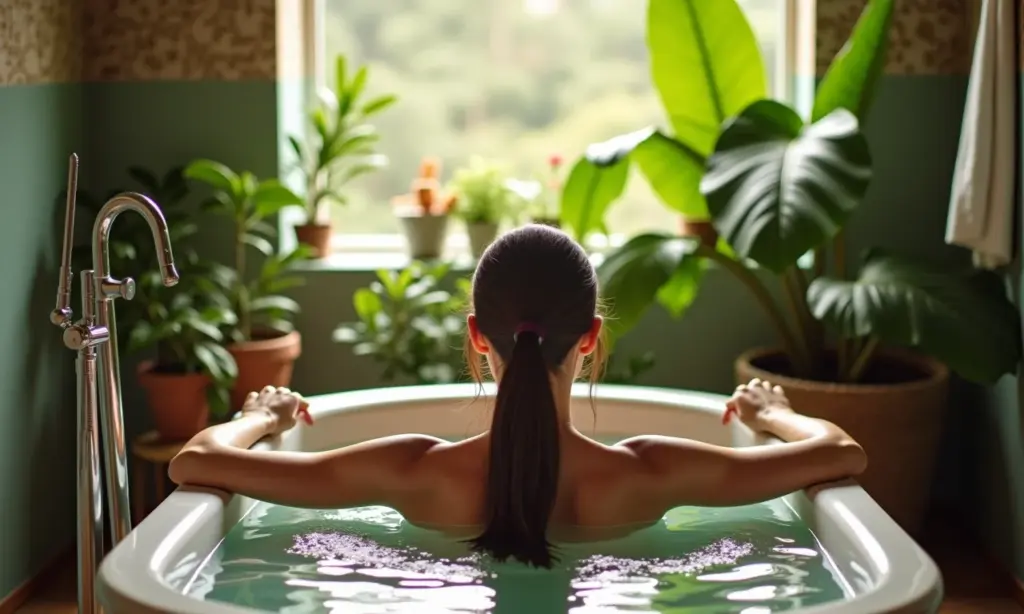 Spa em Casa: 10 Dicas de Decoração Para o Seu Refúgio Mulher relaxando em um spa em casa decorado com estilo Farm Rio.