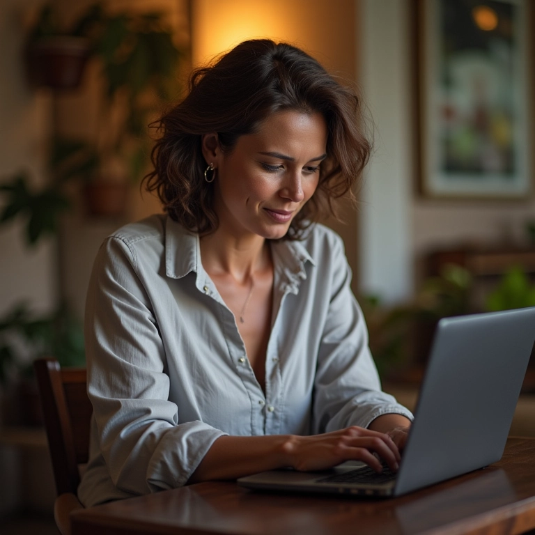 Mulher revisando configurações de débito automático no laptop.