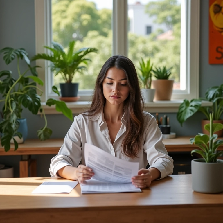 Como Declarar Aluguel Recebido no Imposto de Renda Mulher revisando documentos de aluguel em apartamento iluminado.