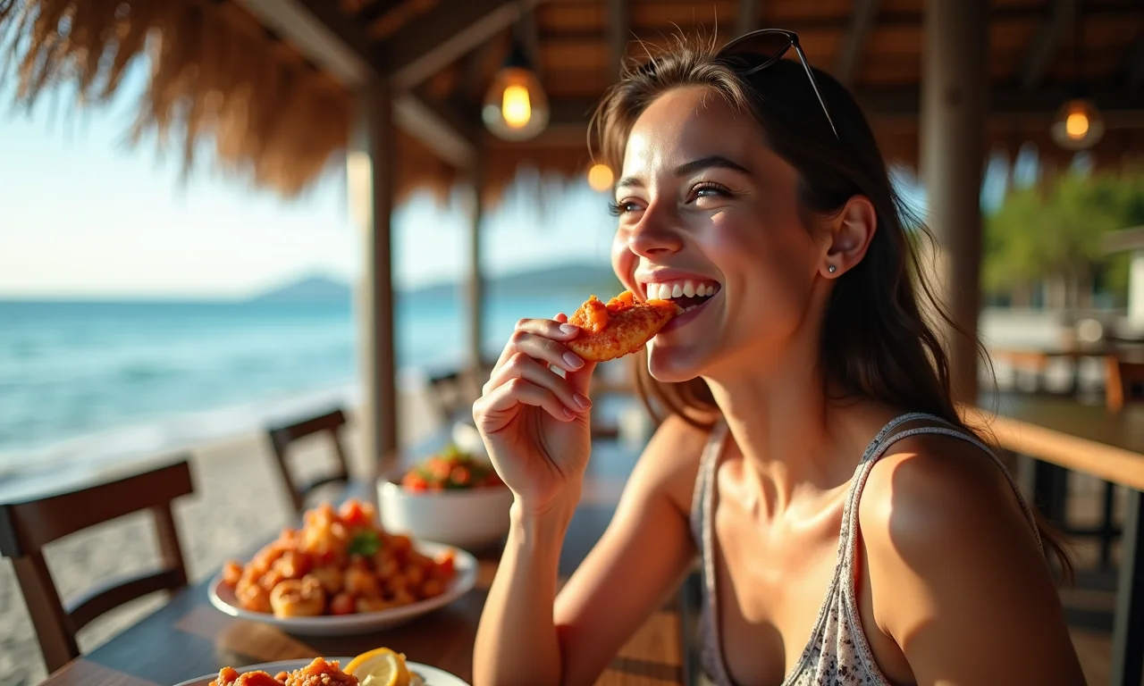 Mulher saboreando frutos do mar em restaurante à beira-mar em Maceió.