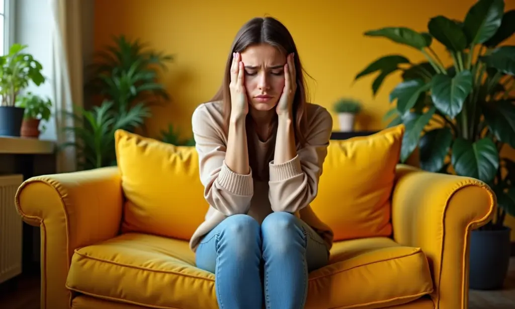 Mulher sentada em um sofá amarelo com expressão de sofrimento, representando a violência psicológica.