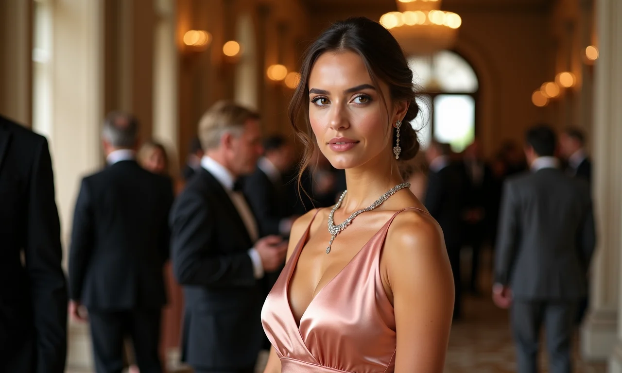 Mulher sofisticada em vestido de seda em evento elegante, com detalhes de luxo.