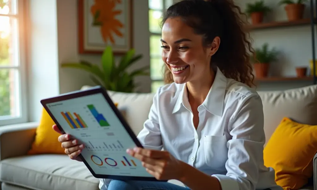 Mulher sorrindo analisa finanças em tablet, cercada por decoração brasileira vibrante.