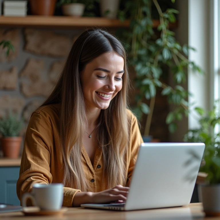 Mulher sorrindo ao fazer um pagamento extra no financiamento usando um laptop.
