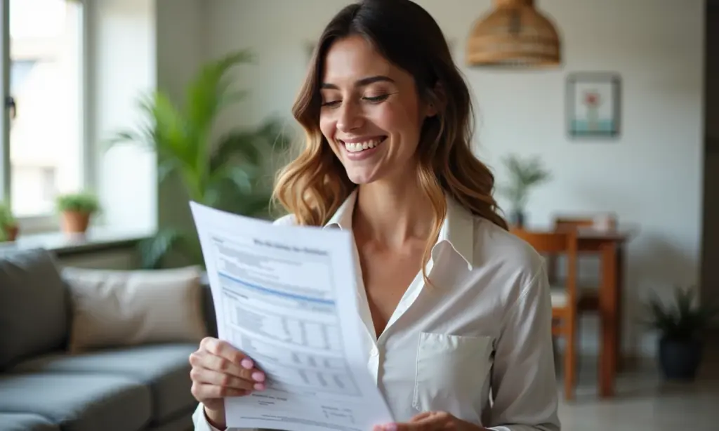 Mulher sorrindo ao revisar suas finanças em casa.