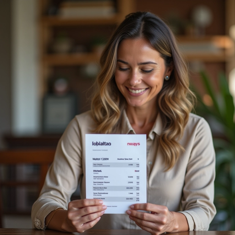 Mulher sorrindo ao verificar extrato bancário com pagamentos automáticos.
