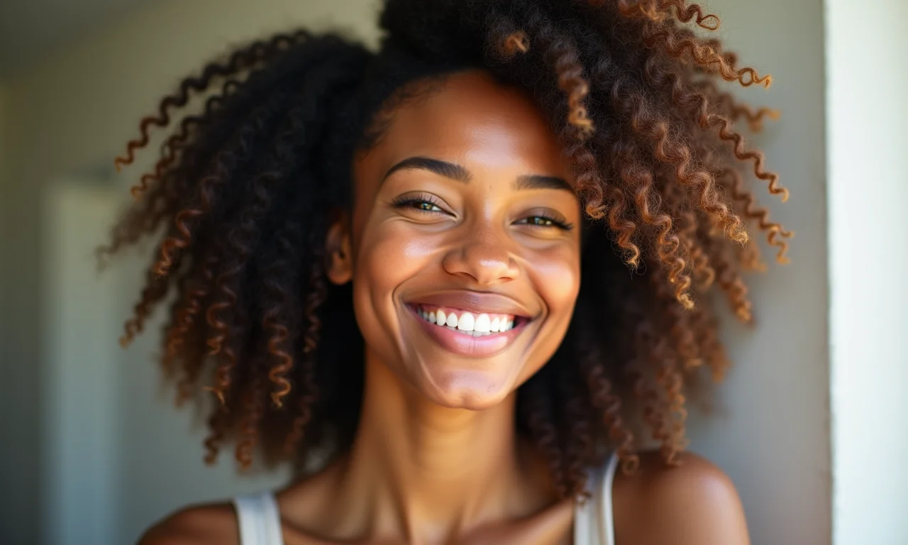Mulher sorrindo com cabelos naturais saudáveis e brilhantes.