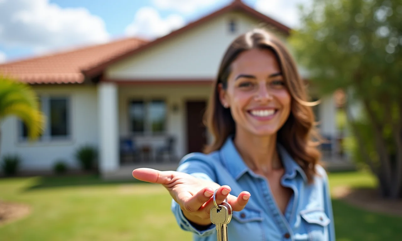 Mulher sorrindo com chaves da casa própria na mão, simbolizando a realização de sonhos com o FGTS.