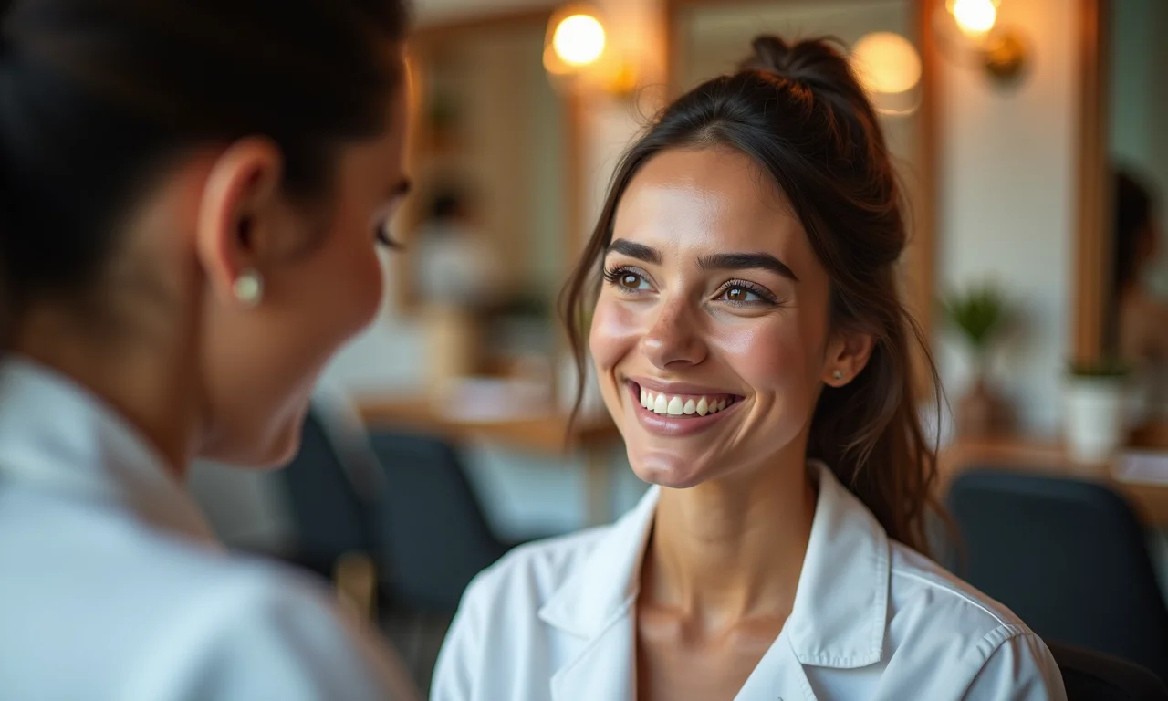 Mulher sorrindo em consulta com profissional qualificado sobre microblading.