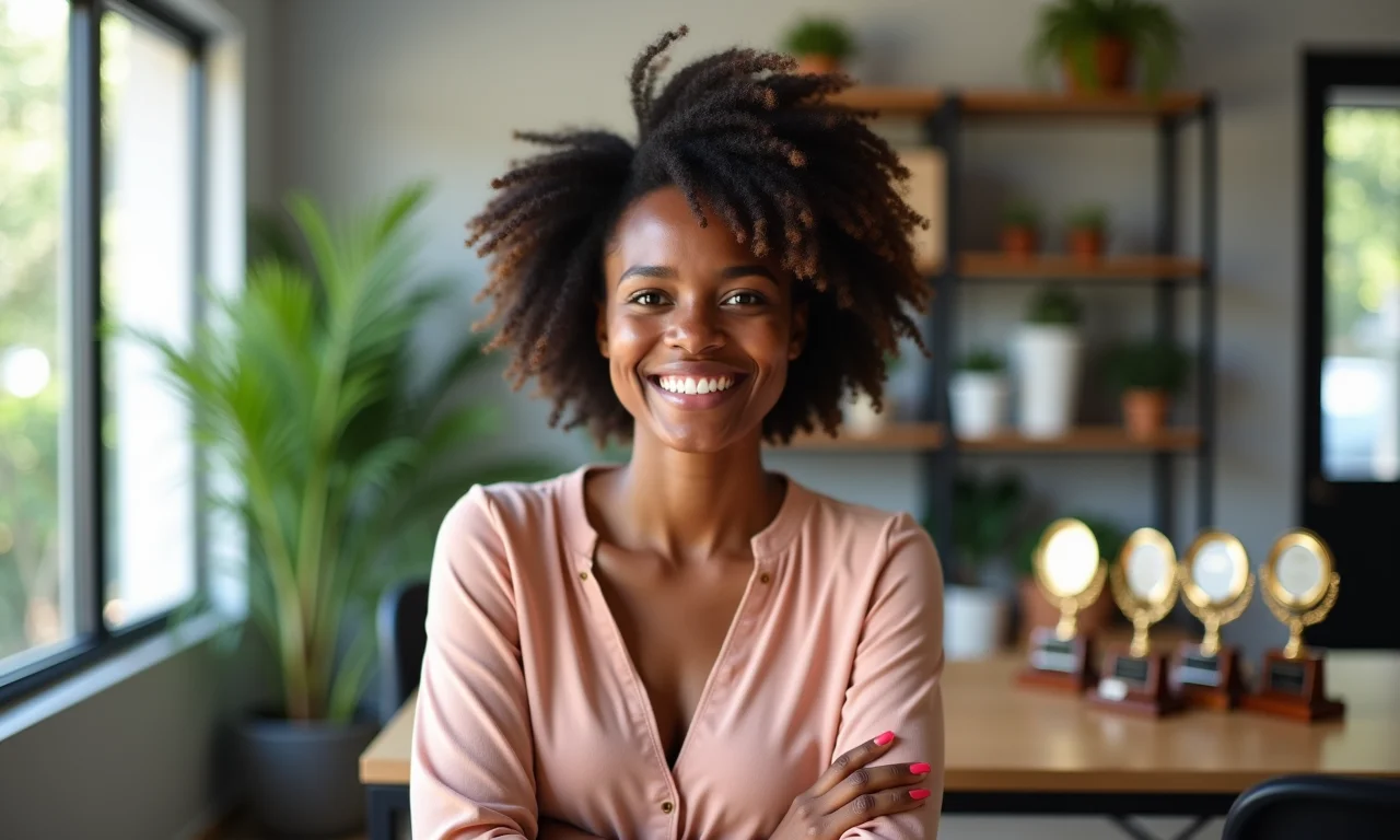 Mulher sorrindo em escritório cheio de plantas e prêmios.