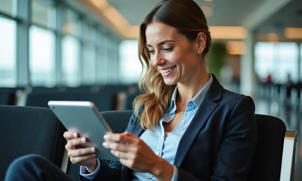 Seguro Viagem: Nacional e Internacional Como Escolher Mulher sorrindo em sala de embarque analisa opções de seguro viagem no tablet.